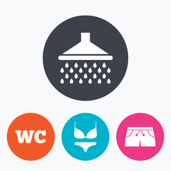 Swimming pool icons. Shower and swimwear signs.