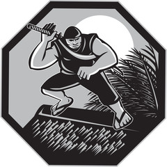 Samoan Ninja on top of Nipa Hut Retro © Redwater Vectors