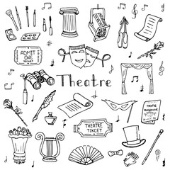 Hand drawn doodle Theatre set Vector illustration Sketchy theater icons  Theatre acting performance elements Ticket Masks Lyra Flowers Curtain stage Musical notes Pointe shoes Make-up artist tools - obrazy, fototapety, plakaty