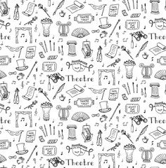 Seamless background hand drawn doodle Theatre set Vector illustration Sketchy theater icons Acting performance elements Ticket Masks Lyra Flowers Curtain stage Musical notes Pointe shoes Make-up tools - obrazy, fototapety, plakaty