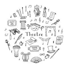 Hand drawn doodle Theatre set Vector illustration Sketchy theater icons  Theatre acting performance elements Ticket Masks Lyra Flowers Curtain stage Musical notes Pointe shoes Make-up artist tools