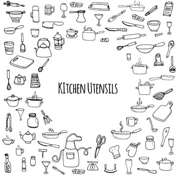Hand drawn doodle Kitchen utensils set Vector illustration Sketchy kitchen ware icons collection Isolated appliance kitchen tools symbols Cutlery icons Cooking equipment Tea pot Pan Knife Chef hat Cup