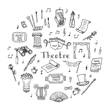 Hand drawn doodle Theatre set Vector illustration Sketchy theater icons  Theatre acting performance elements Ticket Masks Lyra Flowers Curtain stage Musical notes Pointe shoes Make-up artist tools