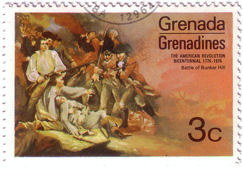GRENADA - CIRCA 1976: A stamp printed in Grenada shows the battle at Bunker hill by Trumbull, american revolution bicentennial series, circa 1976