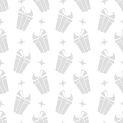 Vector seamless pattern gift boxes and diamondsl in doodle style. Hand drawing.