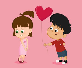 Boy holding heart-shaped balloons to give shy little girl. Vector and illustration