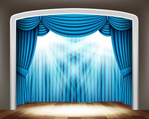 Blue curtain of classical theater with spotlights on wood floor