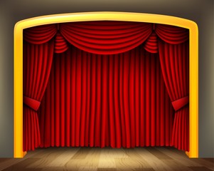 Red curtain of classical theater with wood floor