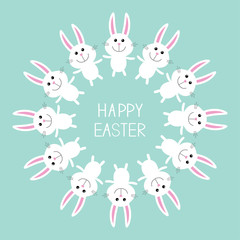 Cute bunny rabbit. Happy Easter.  Round frame. Flat design.