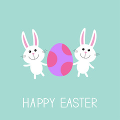 Happy Easter. Two bunny rabbit and egg. Flat design.