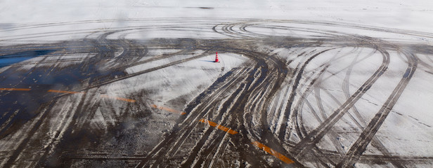 Airplane tire track on snow