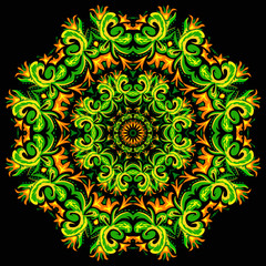 Illustration of bright ornament card with mandala. Geometric cir