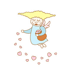 Illustration of little cartoon flying girl with hearts