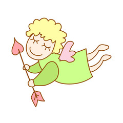 Illustration of little cartoon flying angel with arrow of Cupid