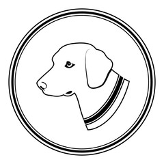 Illustration sign of white dog's head in black round. Silhouette