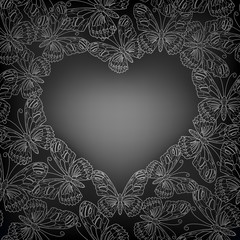 Valentines day card with heart from silver butterflies. Seamless