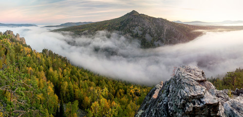 Summer cloudy sunrise mountain panorama view (Russia, Ural Mount