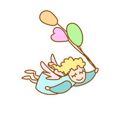 illustration of the little angel flying with balloons on a white