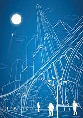 Big bridge, night city on background, vector industrial and infrastructure illustration, vector lines landscape, neon town, vector design art