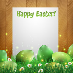 Green Easter eggs with a wooden background and white paper. Vector illustration.