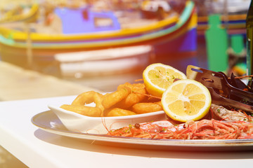 Seafood platter served in mediterranean restaurant