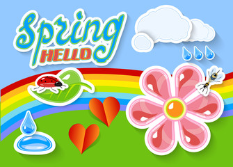 Bright Spring sticker Symbols as landscape with bee, ladybug, clouds, leaf, flower, rainbow, rain drops and dewdrop and two hearts. Hand Lettering "Spring Hello" for spring season update design