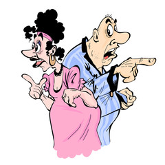 Husband and wife show fingers in different directions