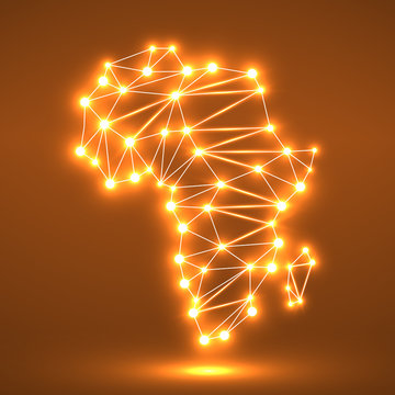 Abstract polygonal Africa map with glowing dots and lines, network connections