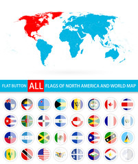 Fototapeta na wymiar Flat Round Flags Of North America Complete Set and World Map