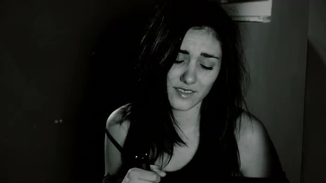 desperate alone drunk young woman black and white 4K