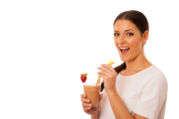 Woman excited of fresh fruit smoothie healthy meal.