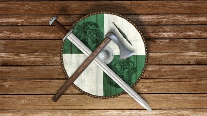 old viking shield with sword and axe  on wooden floor