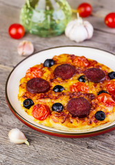 hot homemade pizza  heart with cheese, tomatoes, olives