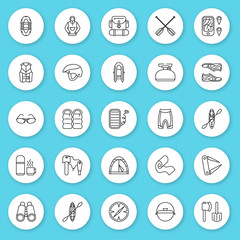 Set of line icon. Rafting, kayaking equipment. Contour round icons with shadow. Info graphic elements. Simple design. Vector illustration, eps 10.  