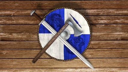 old viking shield with sword and axe  on wooden floor