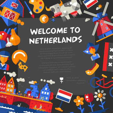 Holland travel icons postcard with famous Dutch symbols 