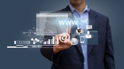 Businessman working on virtual interface Internet Computer. Design concept of Business and technology. Social network. E-commerce. Technology and Communication.