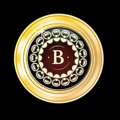 Glossy and gold label. Red stone in gold. Stone with  shades. Ve