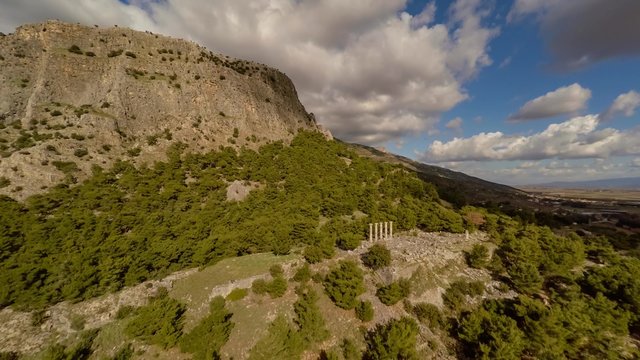 Aerial view of corinthian columns in the ancient city of Priene, Soke, Turkey. 4k.