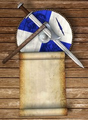 viking shield with sword, axe, parchment scroll on wooden floor