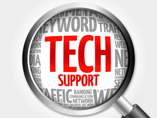 Tech Support word cloud with magnifying glass, business concept