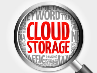 Cloud Storage word cloud with magnifying glass, business concept