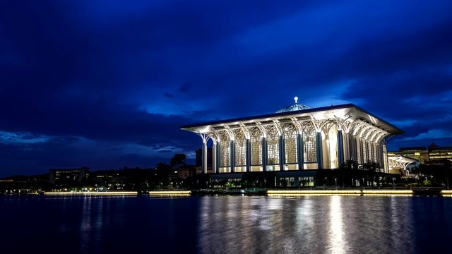 Time lapse during sunrise over Tuanku Mizan Zainal Abidin Mosque. Also known as Iron Mosque, the Mizan mosque is the second principal mosque in Putrajaya,