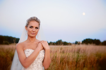 Fototapeta na wymiar beautiful bride in a field with high grass
