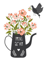 Vector lettering Hello Spring with bird and flowers. - 102497664