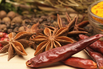 Wooden table of colorful spices
