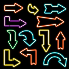 Set neon arrows of different shapes