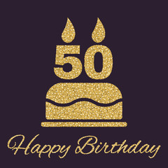 The birthday cake with candles in the form of number 50 icon. Birthday symbol. Gold sparkles and glitter