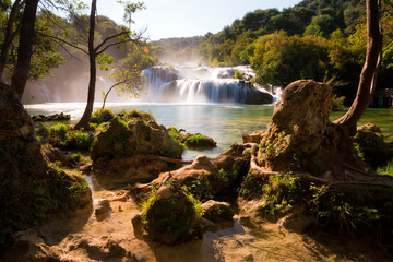 Skradinski waterfall in Krka national park in Croatia, seen from the bridge with a long exposure to create silky waters