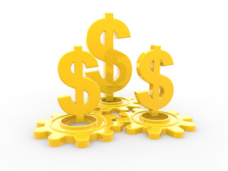 3d golden dollar symbols and gears
